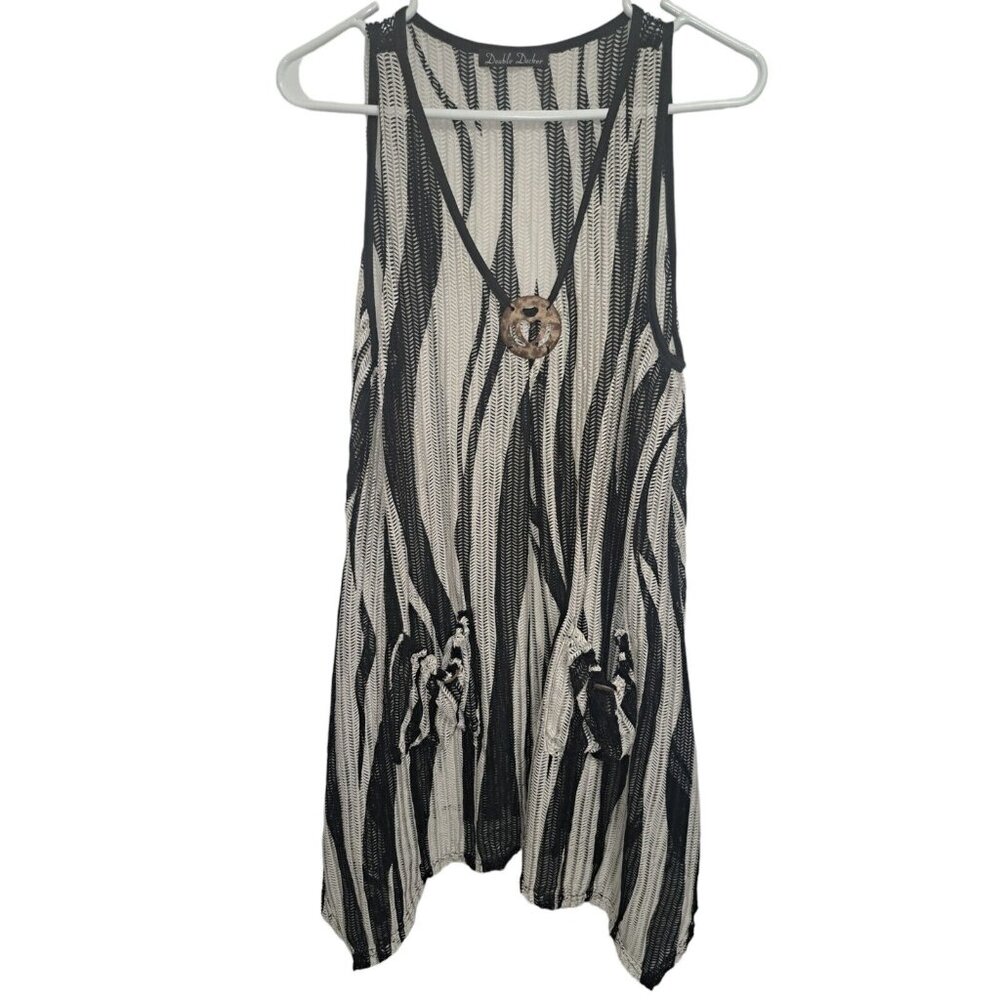 Double Decker Sleeveless Striped Tunic Top with Wooden Pendant BoHo Chic